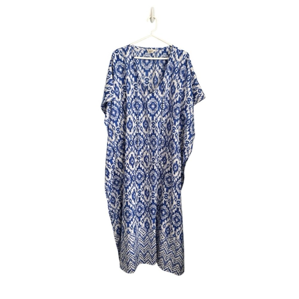 Gypsie Blu Blue and White Ikat Maxi Dress Coverup V-Neck Caftan One Size